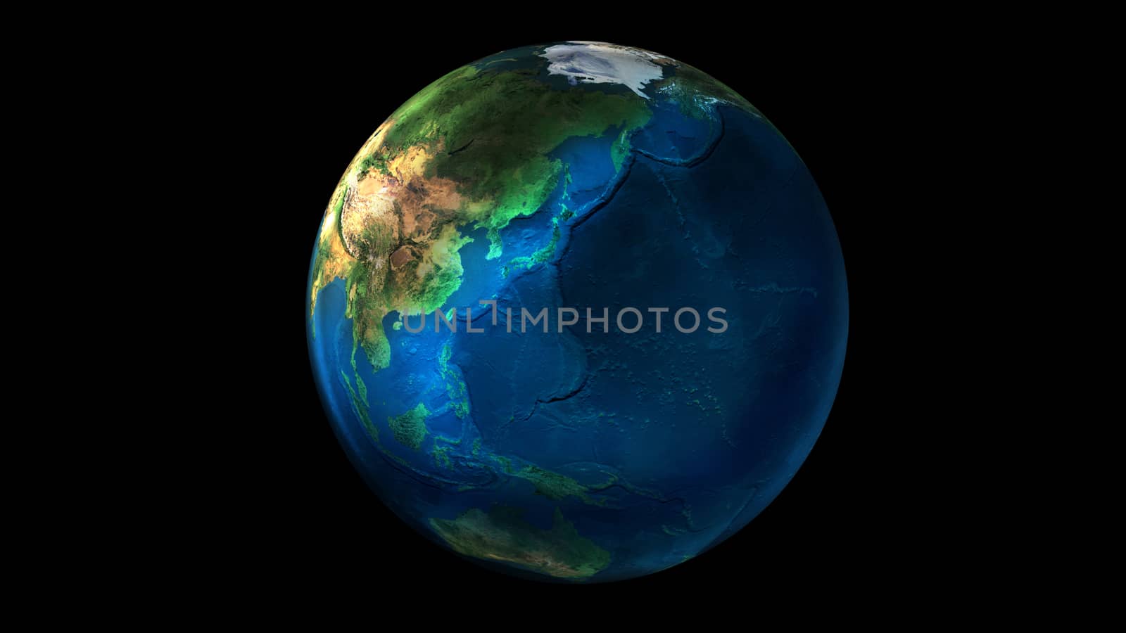 Earth from space on black background showing Asia, Oceania and Australia. The day half of the Globe.