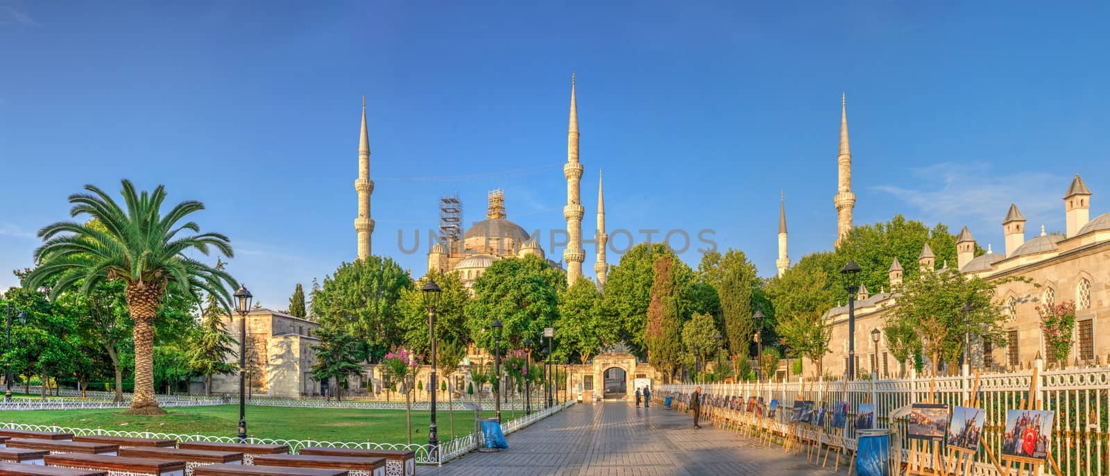 Istambul, Turkey – 07.13.2019. The Sultan Ahmad Maydan with the Blue Mosque in background on a cloudy summer day, Istanbul, Turkey