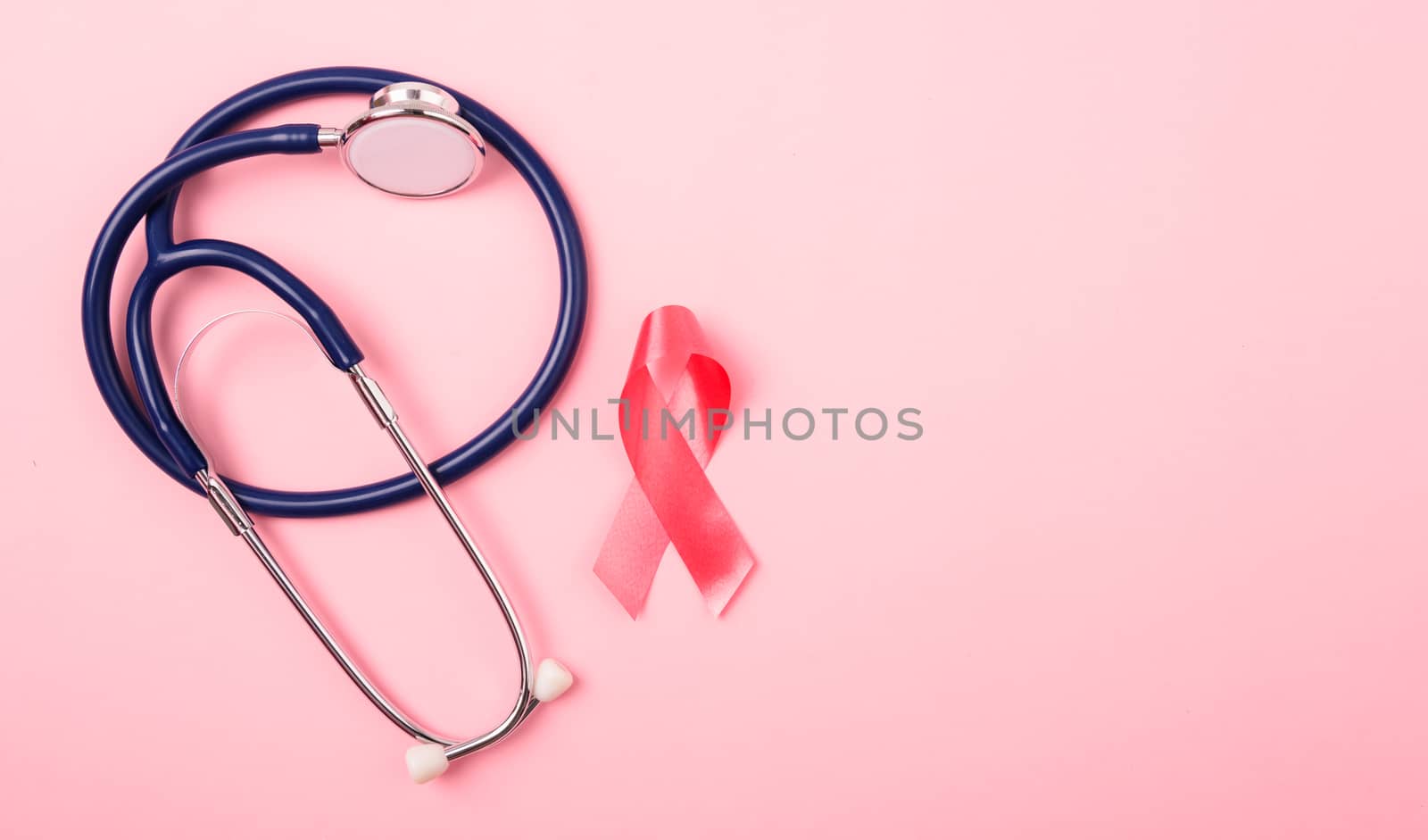 Breast Cancer Awareness Month Health concept, top view flat lay  by Sorapop