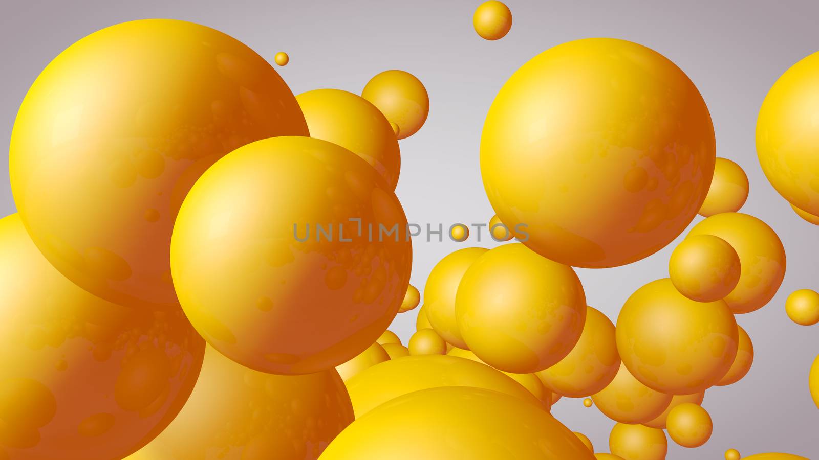 3d rendering Spheres Abstract background glossy Yellow bubbles balls on white background