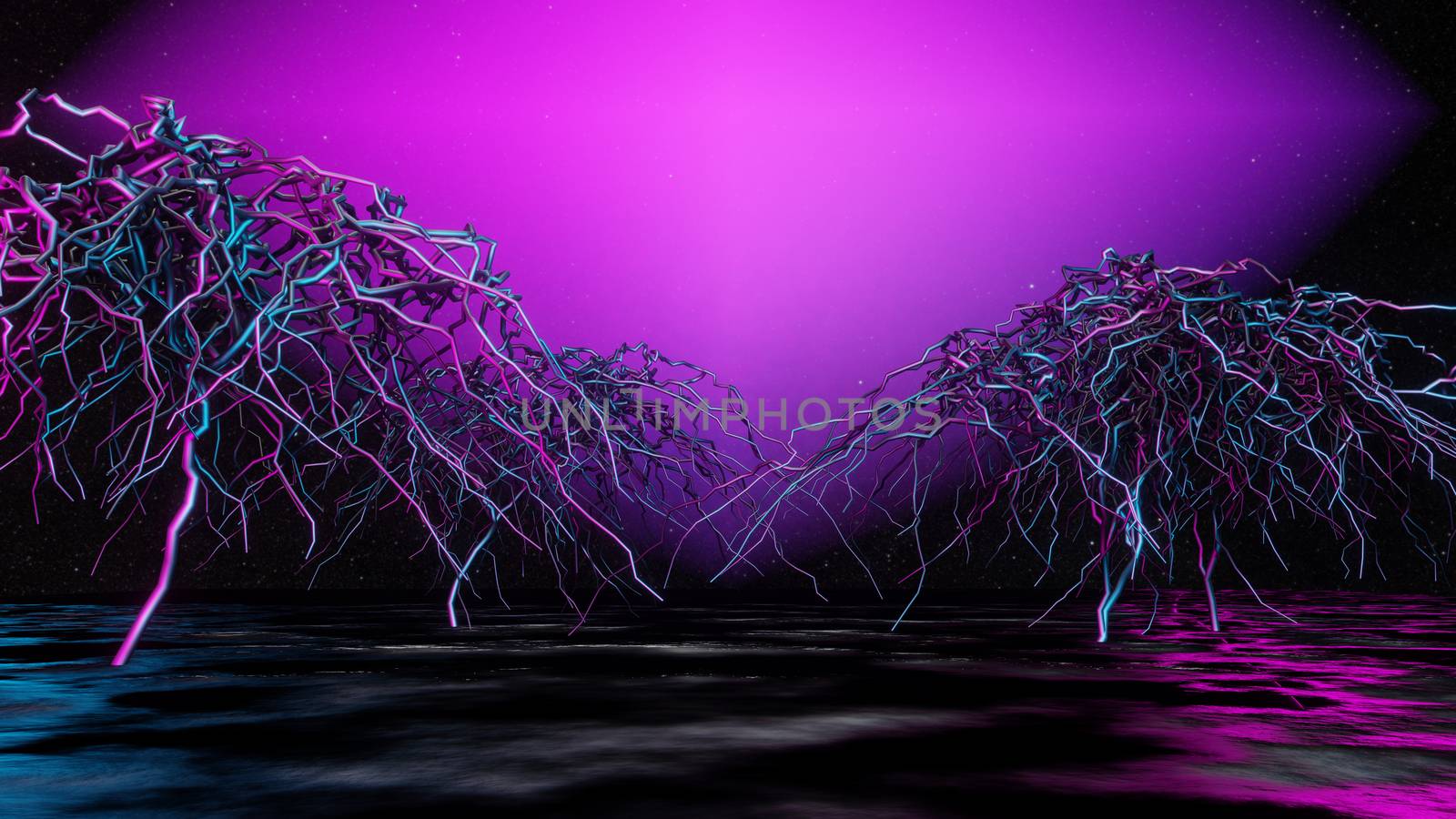 Abstract black trees are illuminated by ultraviolet light. Blue-purple tone. Abstract background. 3D illustration