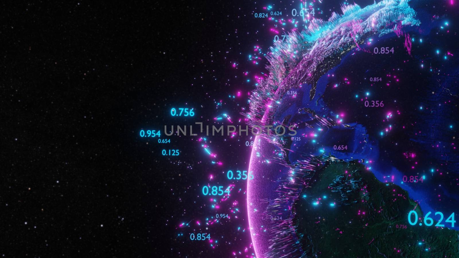 Abstract futuristic planet Earth surrounded by virtual elements. Dots, numbers and lines. Element of this image furnished by NASA. 3D rendering. Technology concept