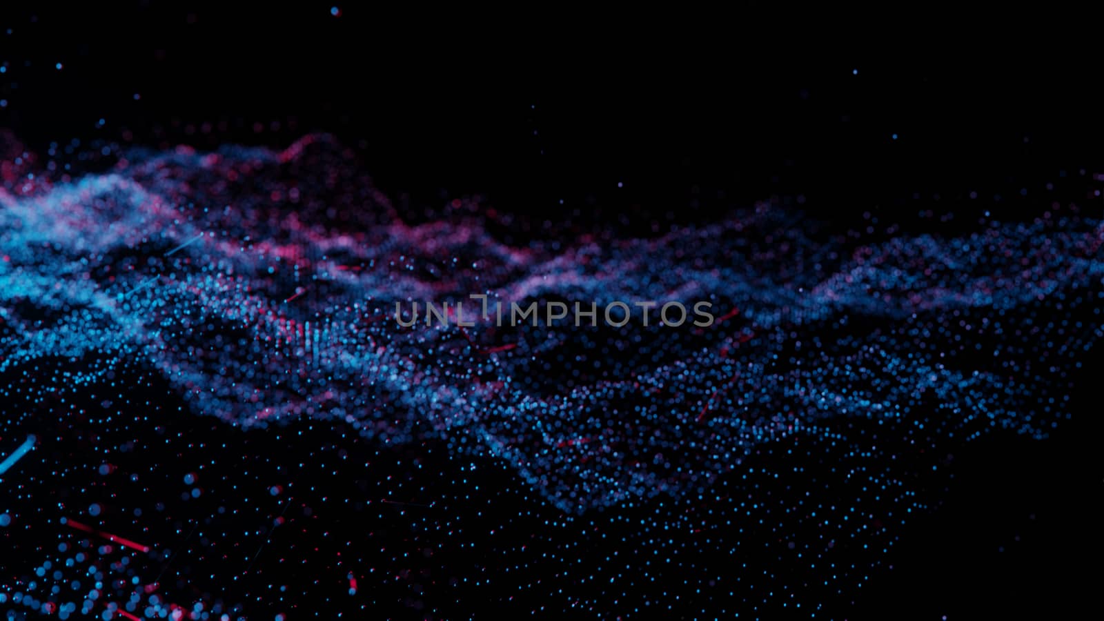 Plexus of abstract red and blue dots on a black background. Loop animations. 3D illustration