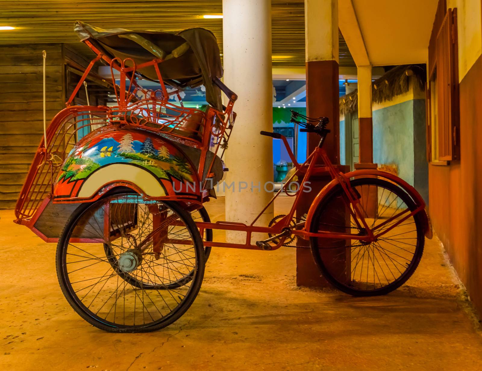 red vintage ricksha, traditional cycle rickshaw, Vintage transportation vehicle from Asia