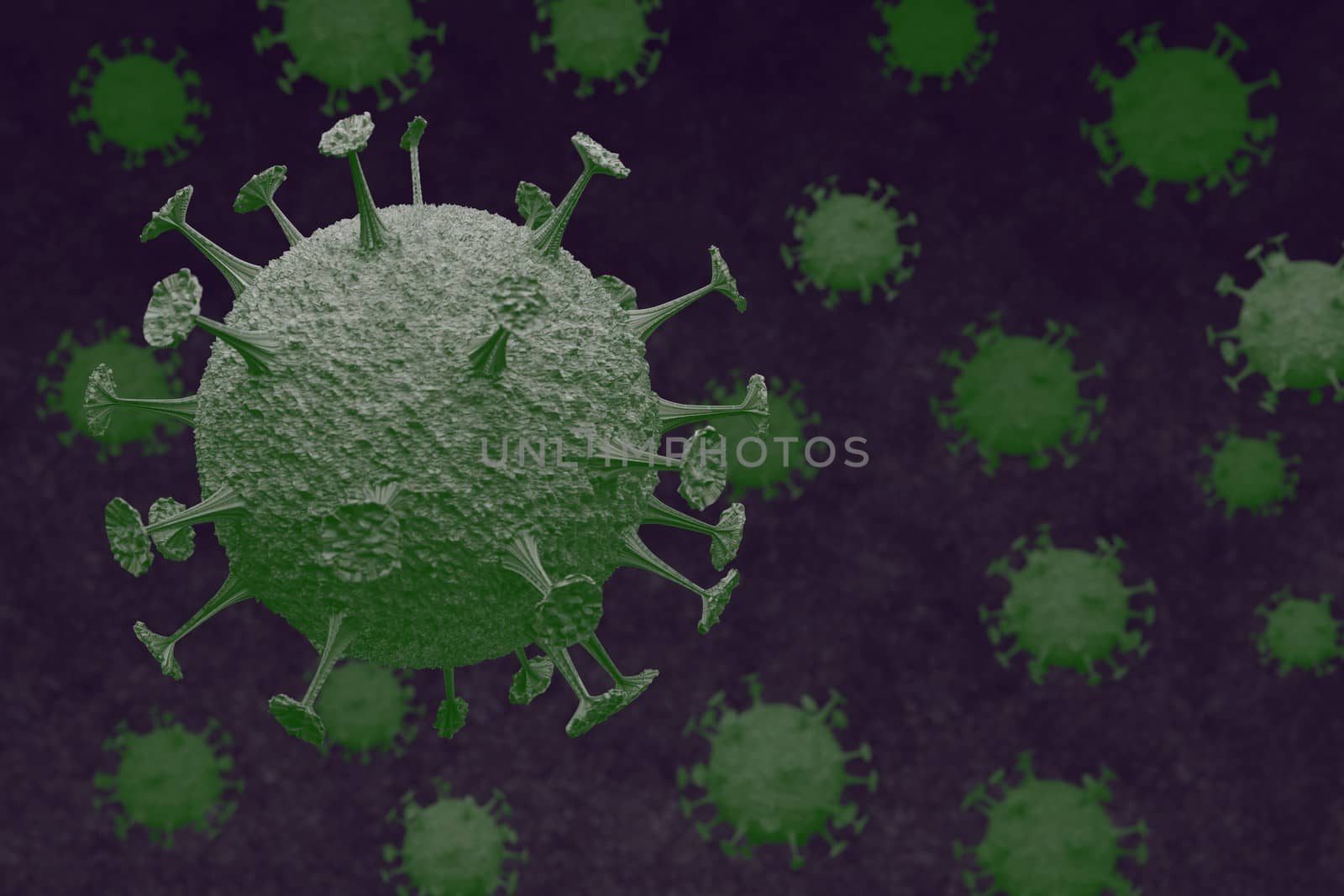 Coronavirus cells in human body. Respiratory virus in microscopic view. illustration of 3D render. Closeup and copy space. Concept of health care.