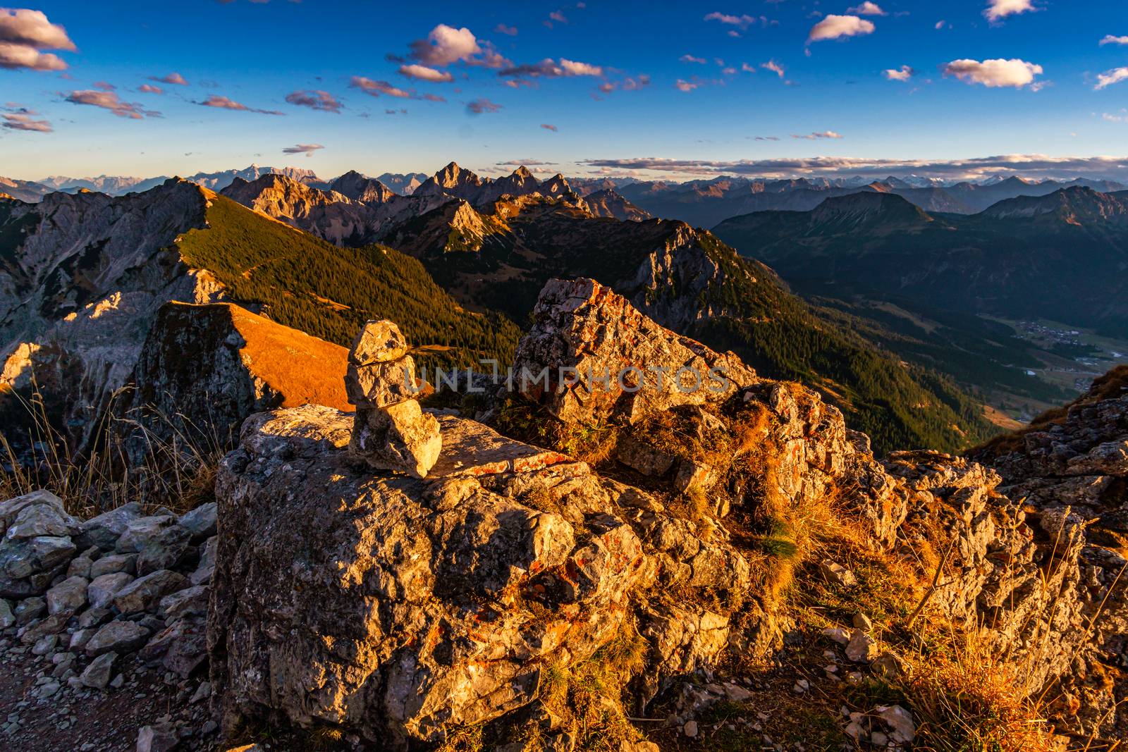 Atmospheric sunset in the mountains of the Tannheim Valley in Austria.