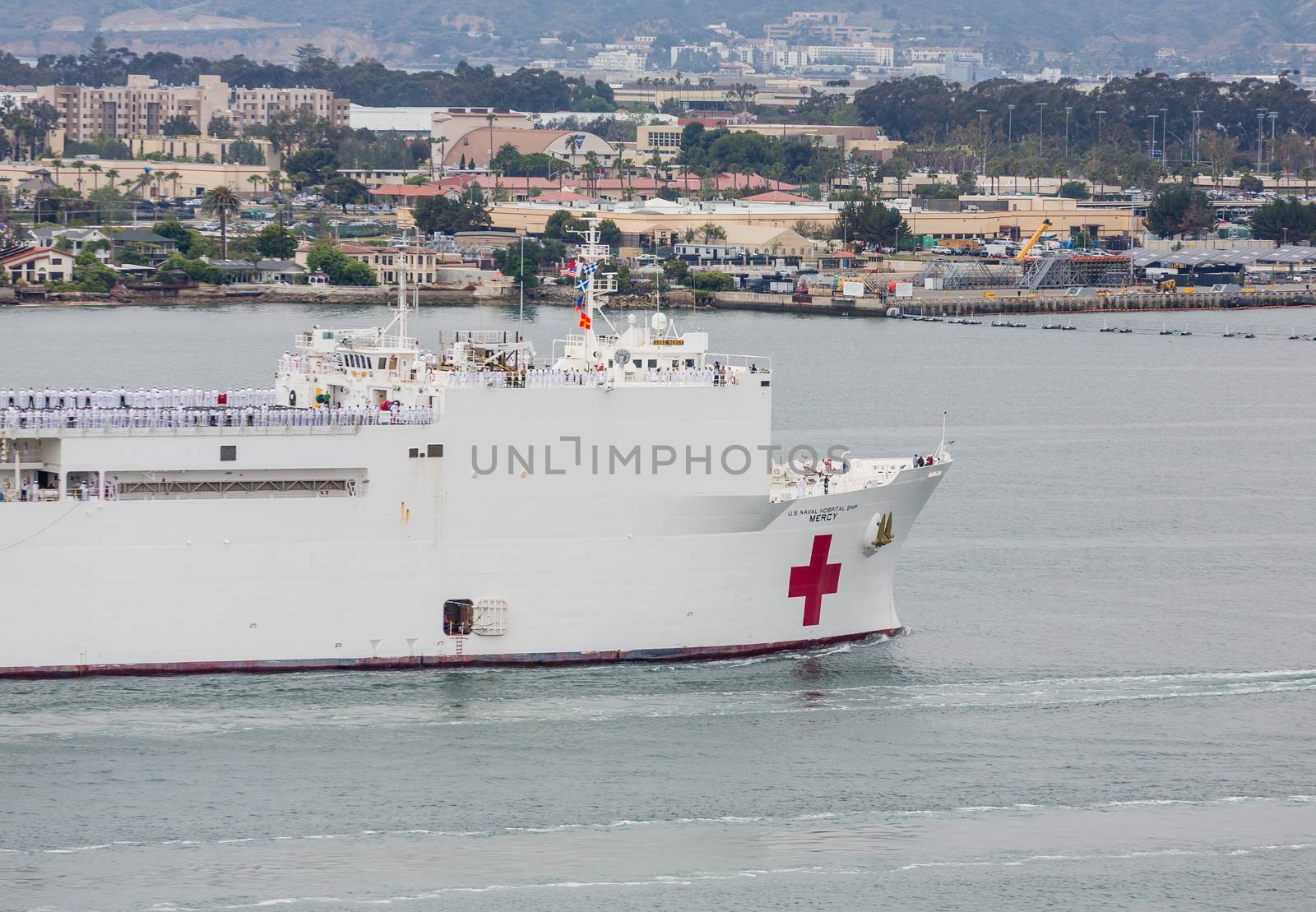 United States Naval Ship Mercy sailing into San Diego Harbor