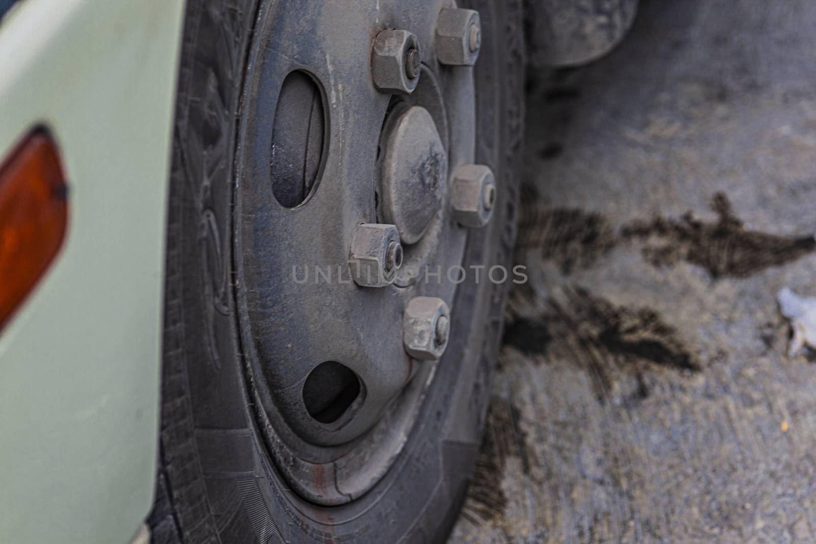 Wheel, tire of a old truck detail taken with tele lens