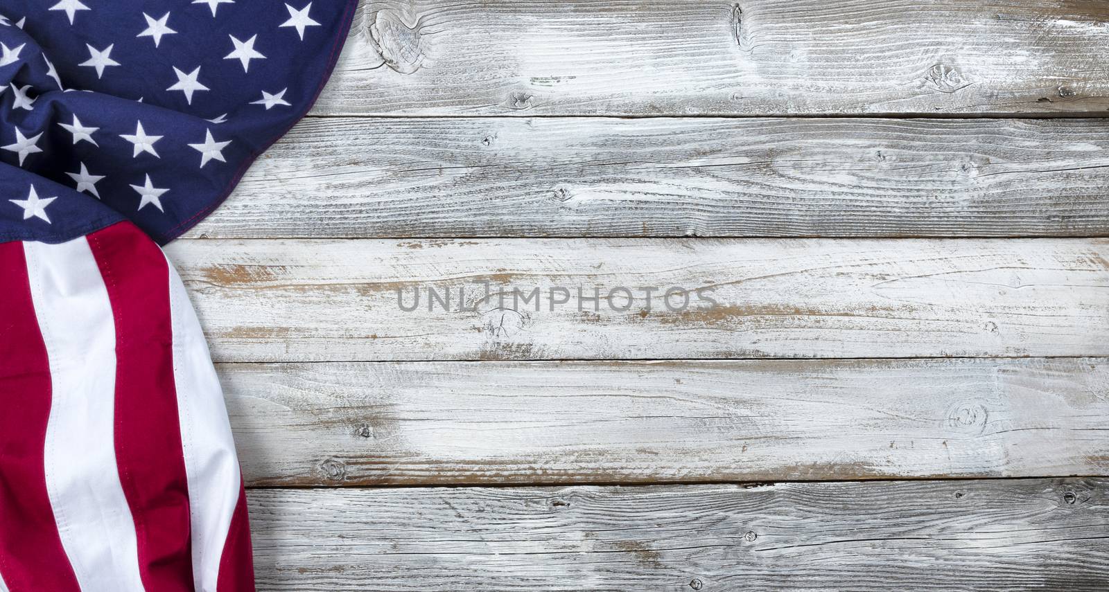 Waving United States Flag on white rustic wood Background by tab1962