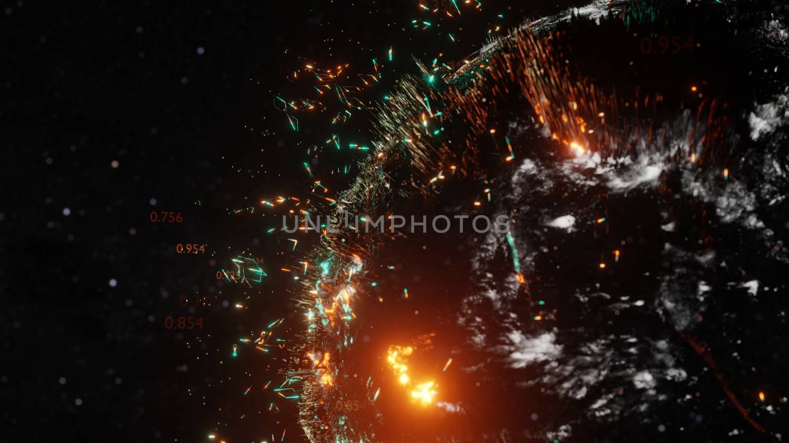 Abstract futuristic planet Earth surrounded by virtual elements. Dots, numbers and lines. Element of this image furnished by NASA. 3D rendering. Technology concept