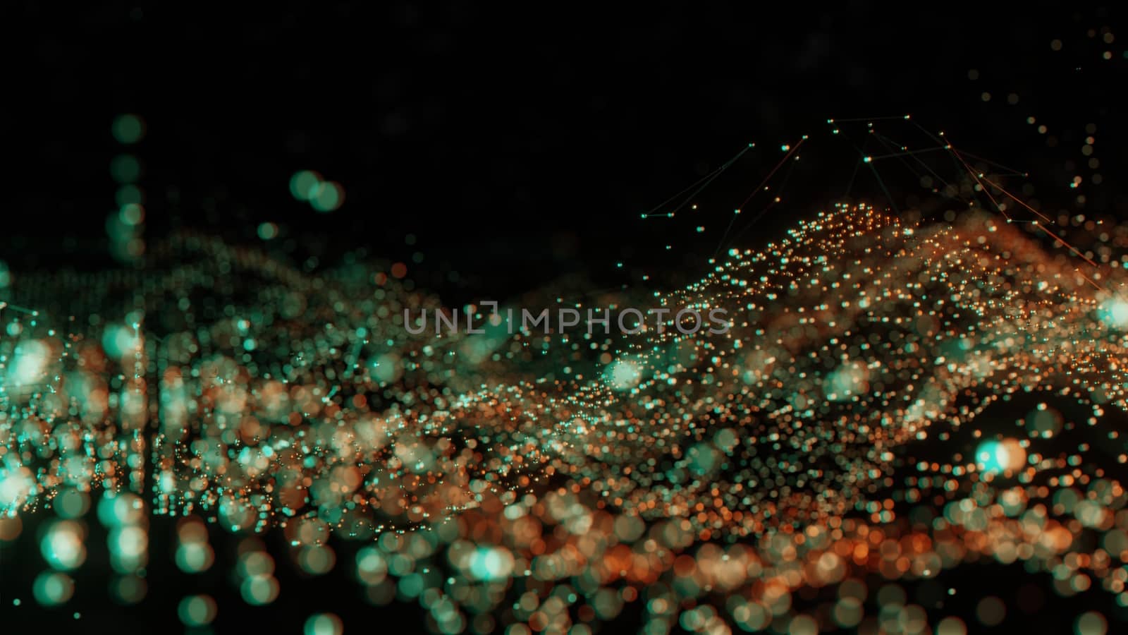 Plexus of abstract orange and green dots on a black background. Loop animations. 3D illustration