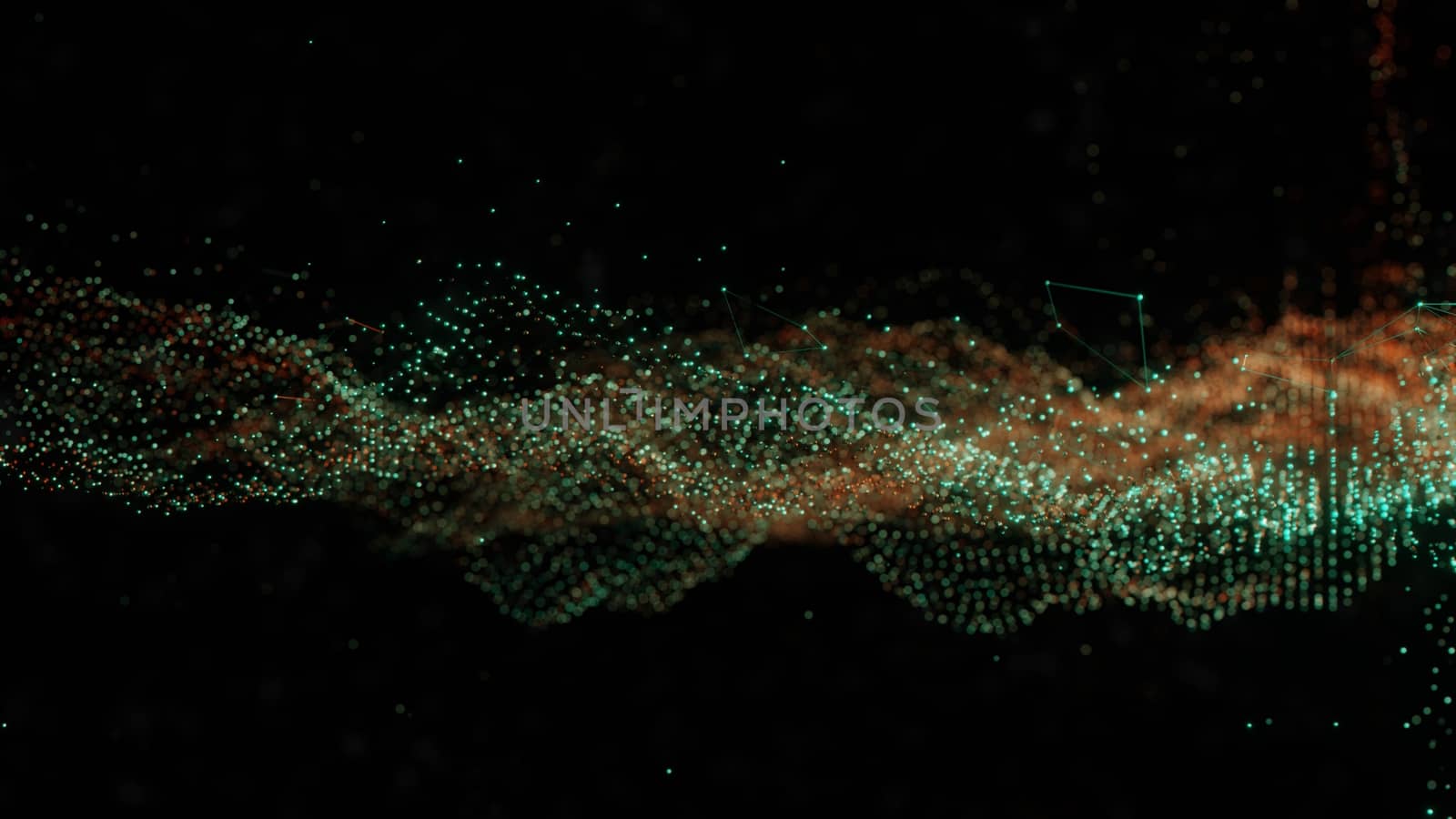 Plexus of abstract orange and green dots on a black background. Loop animations. 3D illustration