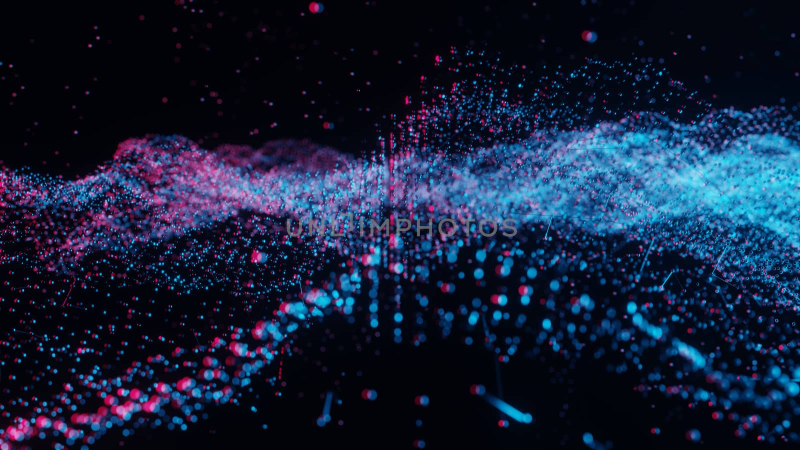 Plexus of abstract red and blue dots on a black background. Loop animations. 3D illustration