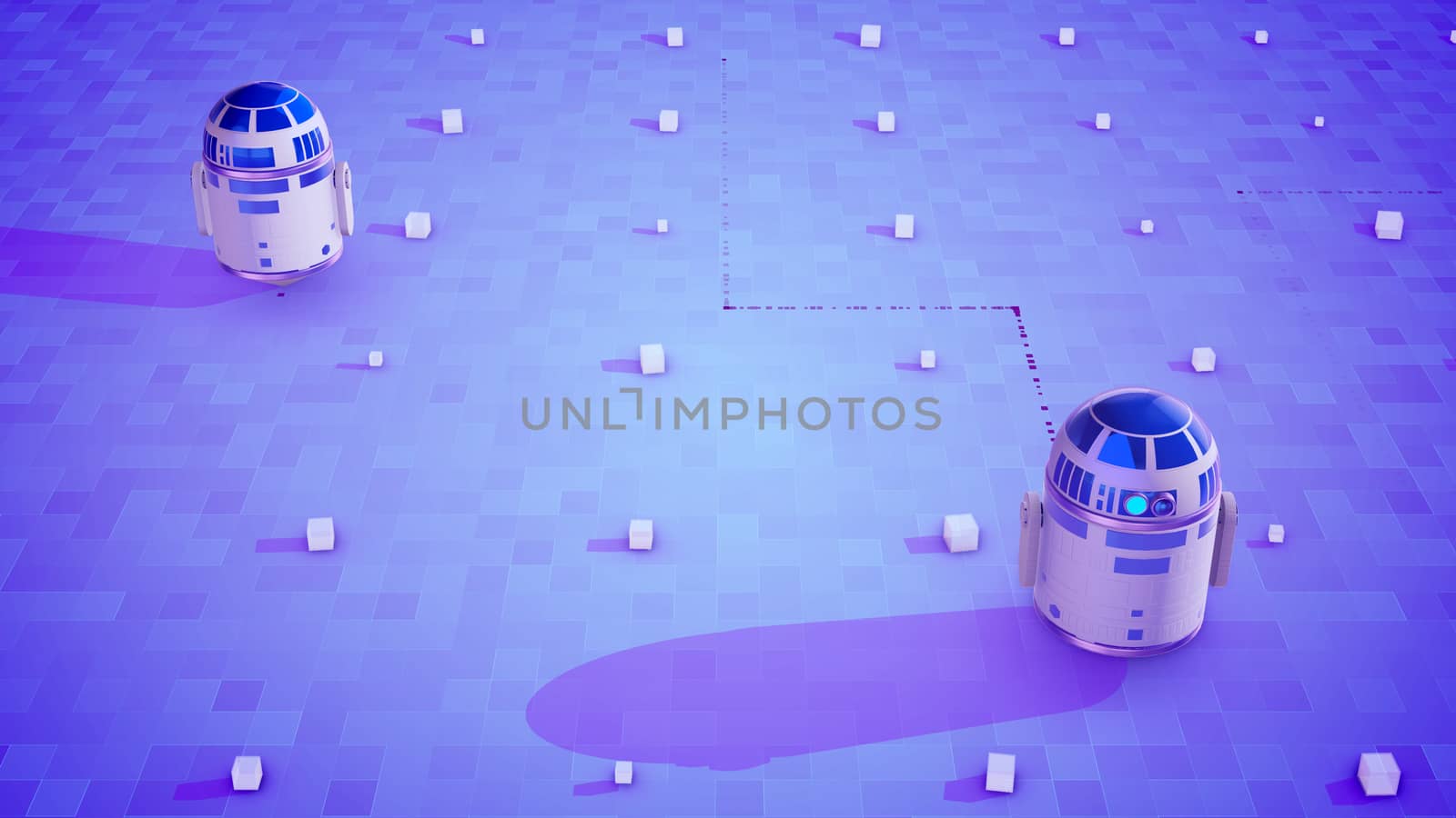 Hi-tech 3d illustration of two smart spherical droids with bright blue windows moving on the light violet surface covered with white square sensors. 