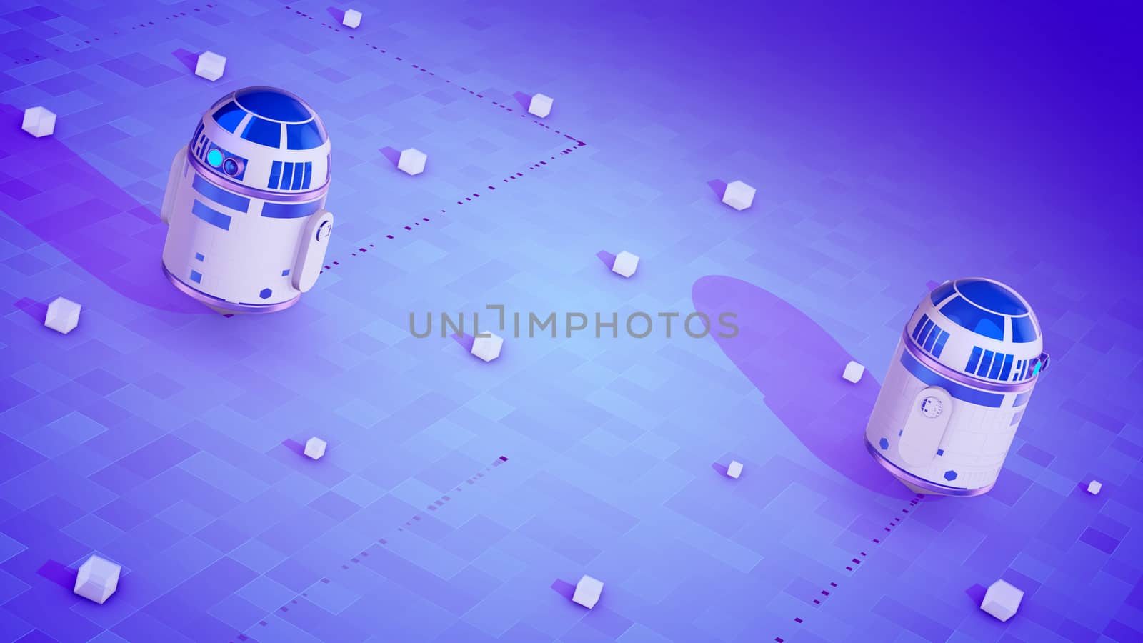 Neoteric 3d illustration of two upstart spherical droids with bright blue windows circling on the light violet surface covered with white square detectors