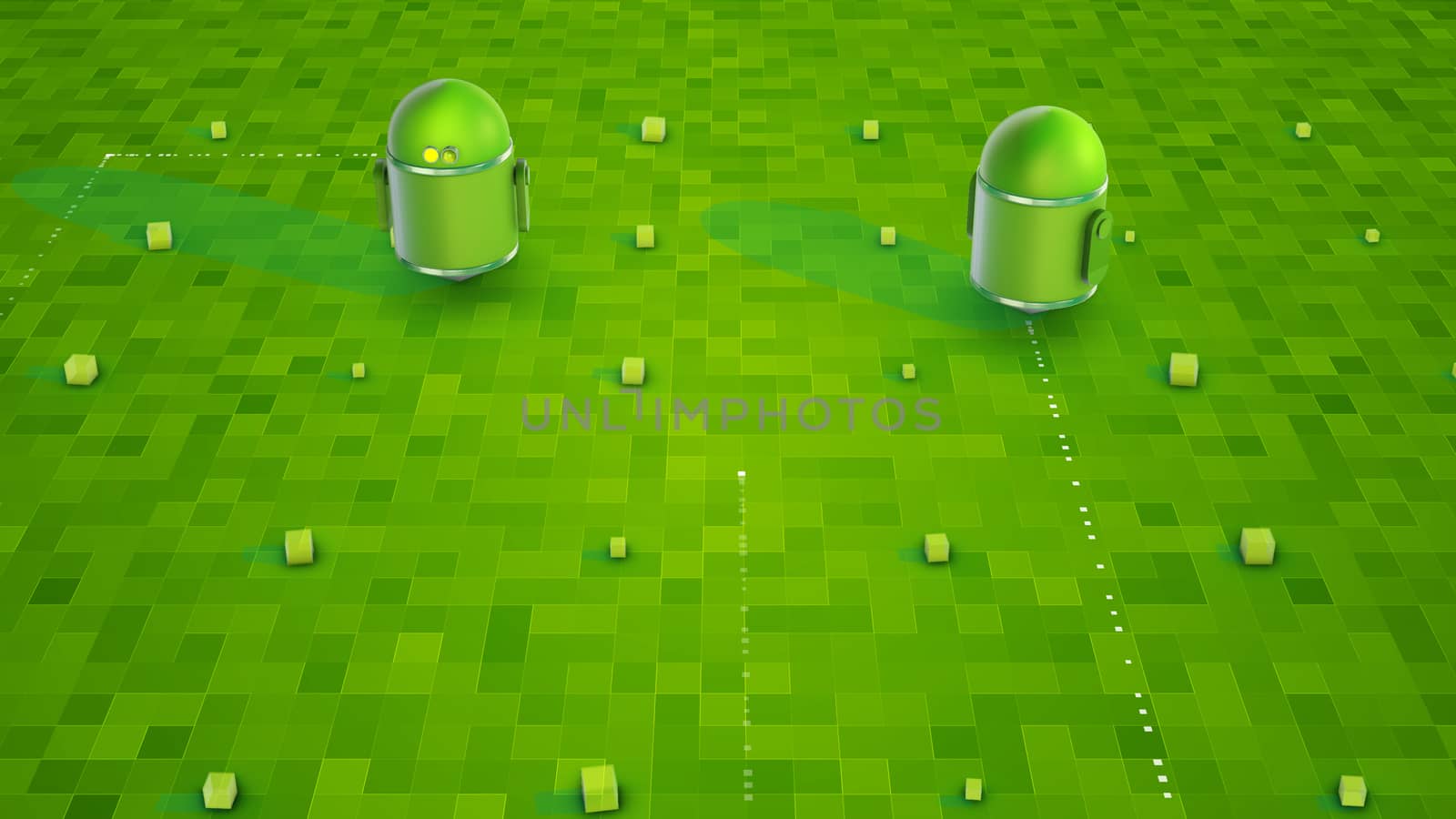 Volumetric 3d illustration of two sphere-shaped droids with yellow windows, sparkling beams standing on the light green surface with square sensors.