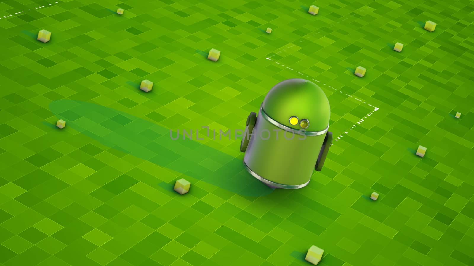 Funny 3d illustration of one globular droid with yellow windows and triangular hands standing on the light green medley floor with square indicators