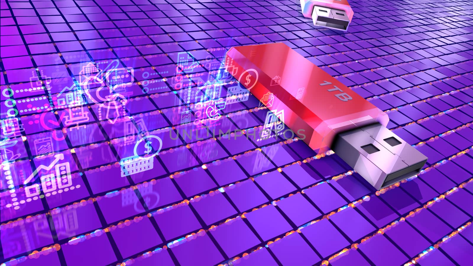 Innovative 3d illustration of two red flash drives lying on a cyber platform put aslant and covered with a grid of conductors and see-through symbols.