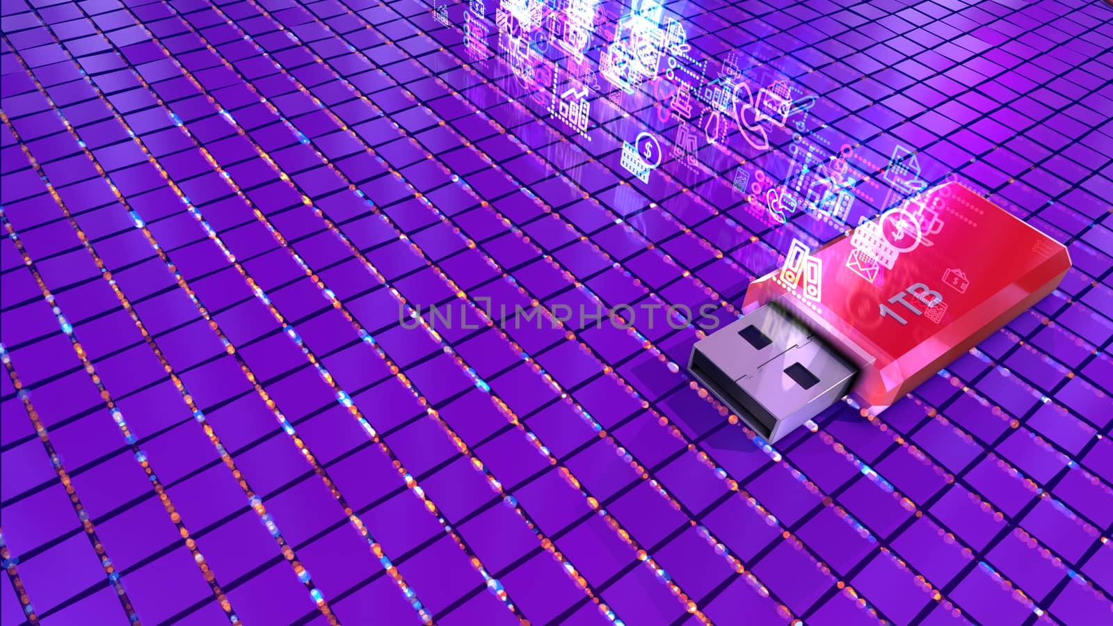 Original 3d illustration of one red flash drive placed on a violet platform and covered with a cobweb of wires and transparent icons and signs.