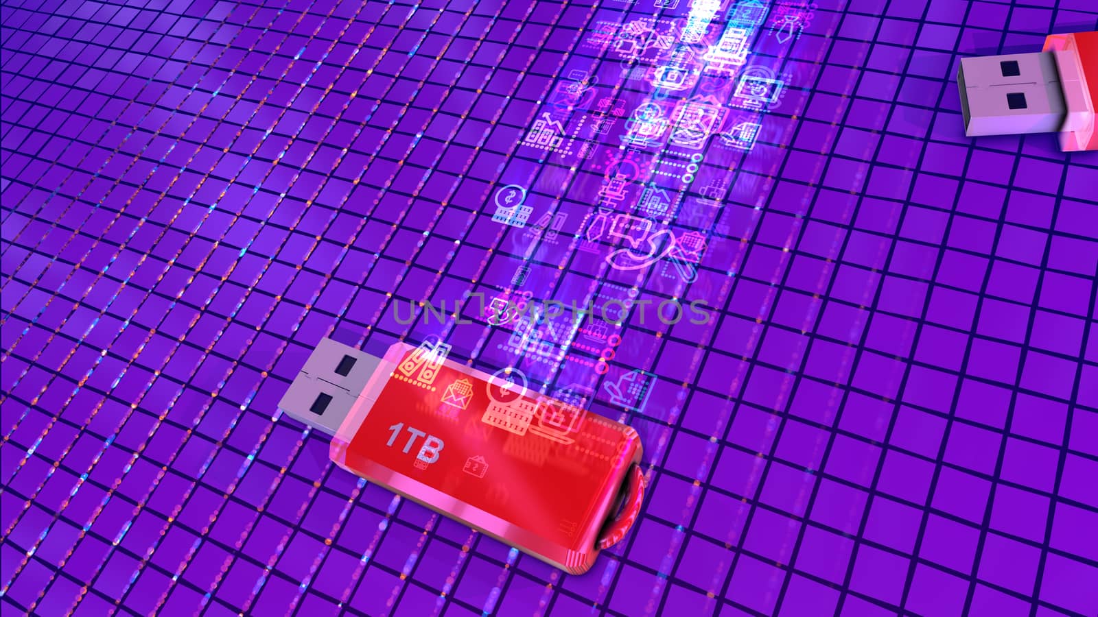 Futuristic 3d illustration of two red flash drives on a violet cyber platform placed aslant and covered with a net of conductors full of passing information
