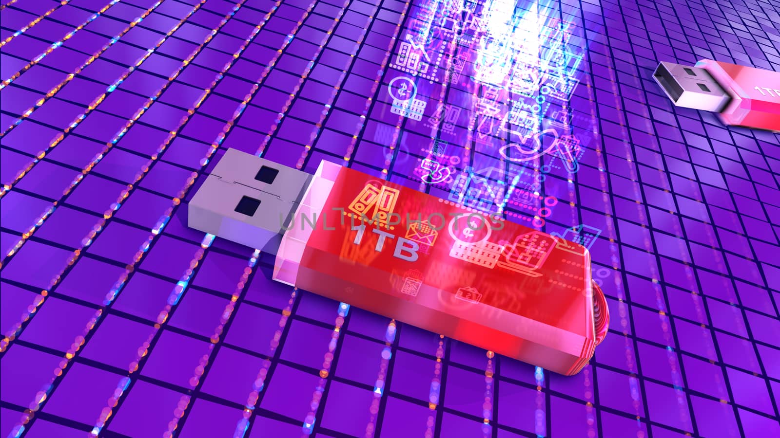 Breakthrough 3d illustration of two red flash drives lying on a cyber platform put askew and covered with a grid of conductors with streams of information.