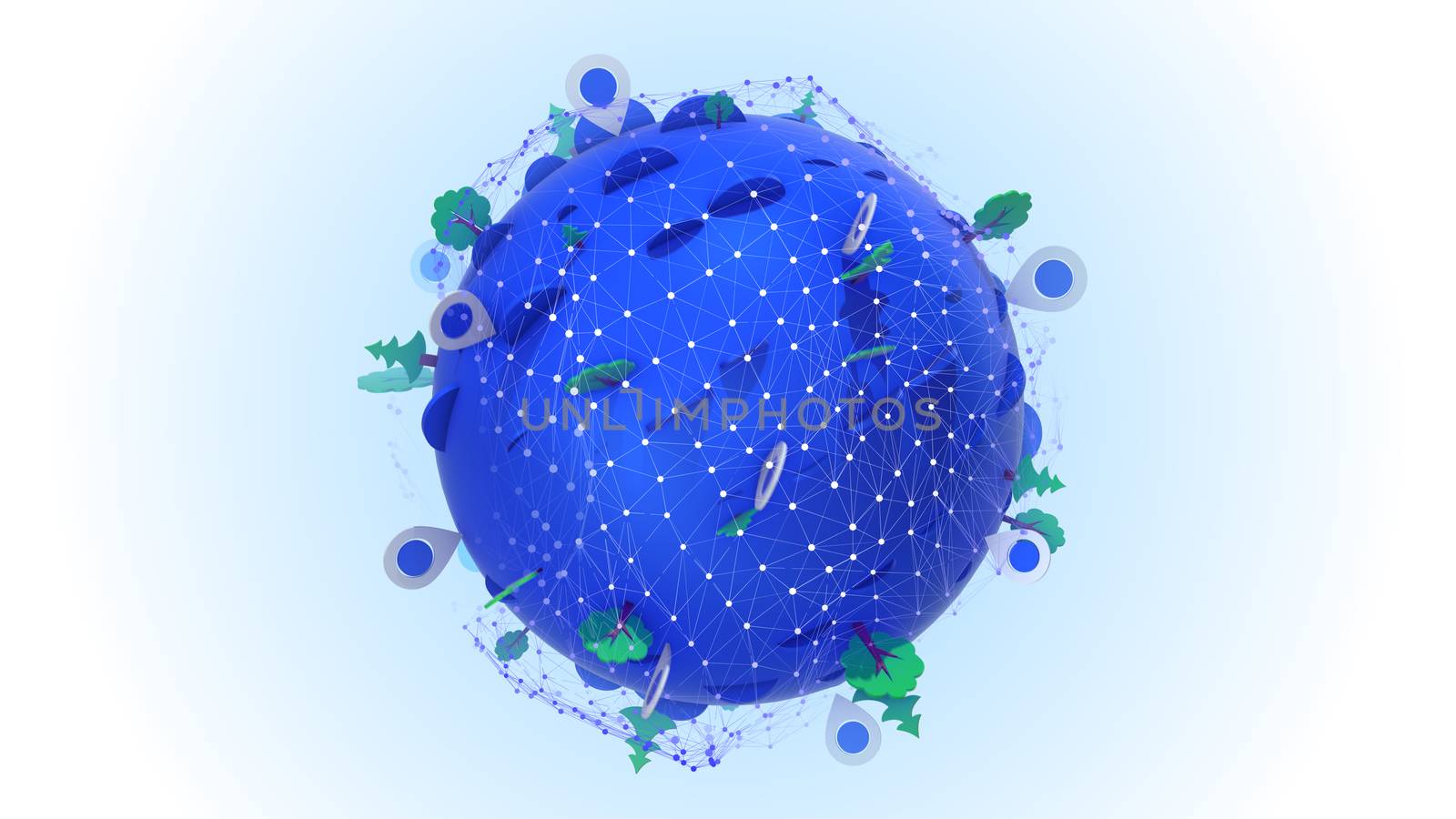 Arty 3d rendering of a blue sphere covered with a cobweb of geolocation points, green trees, white aerials and blue hills in the white background
