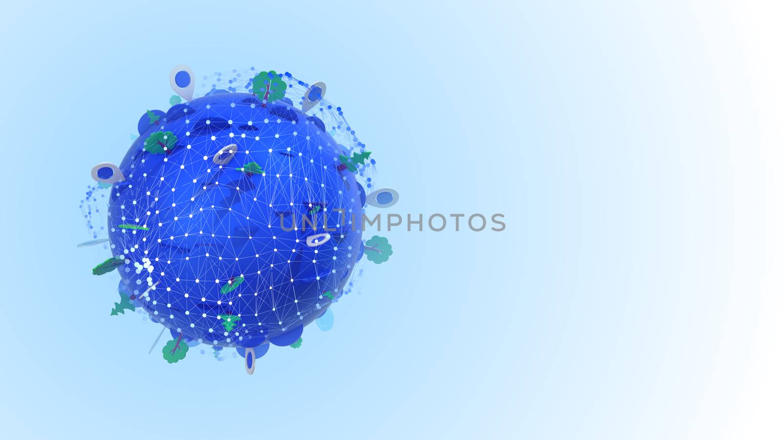 Multidimensional 3d illustration of a blue globe with modules, trees, icons, and a white grid of geolocation points circling in the white background.