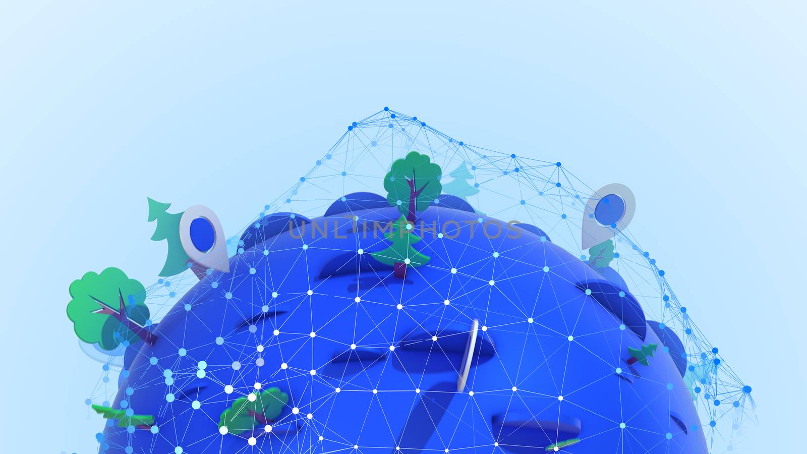 Holographic 3d illustration of a blue orb with a white net of geolocation points, green trees, white signs and blue modules in the white backdrop.