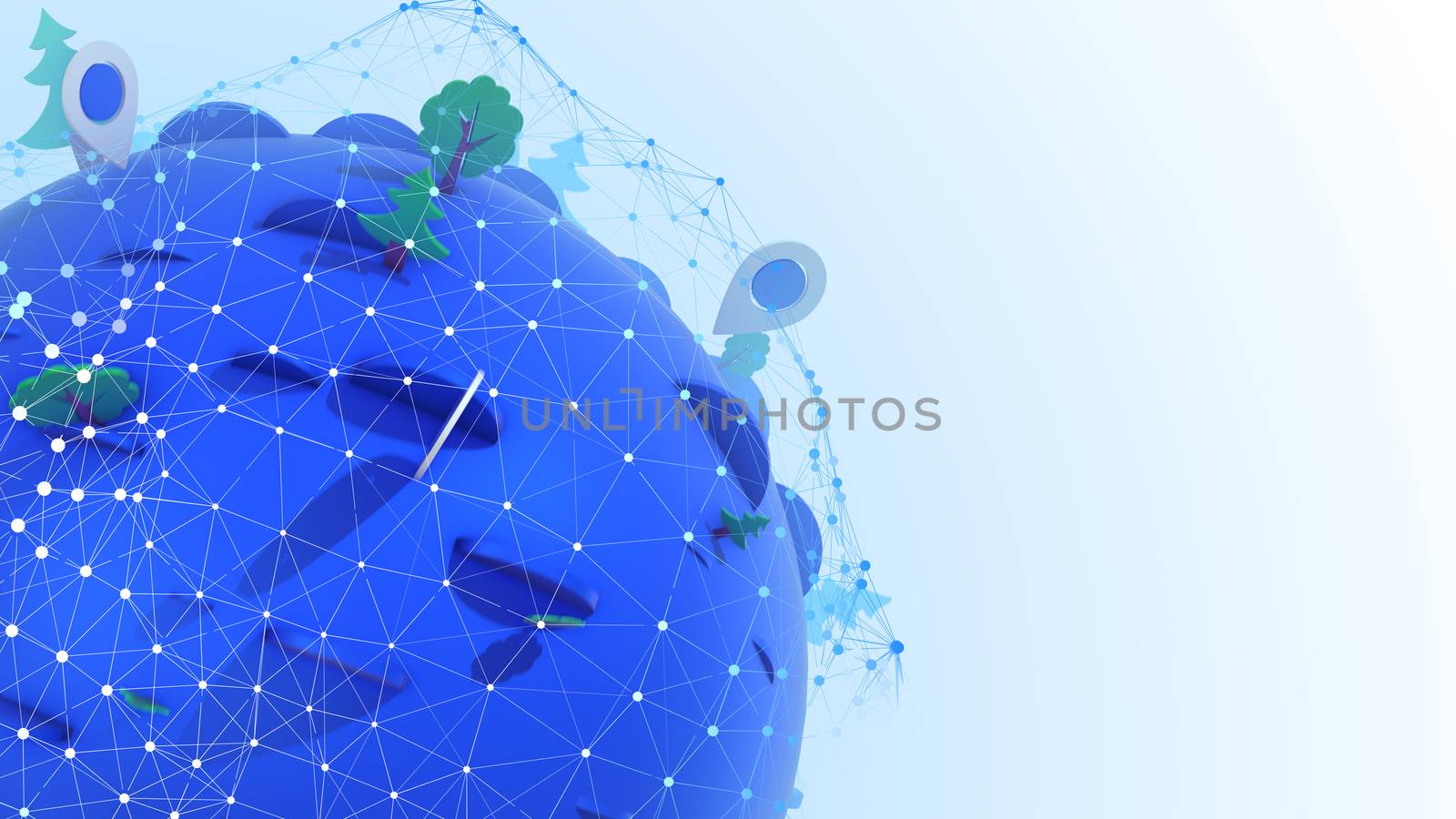 Graphic 3d illustration of a blue globe covered with a grid of geolocation points, green trees, white symbols and blue modules in the white background
