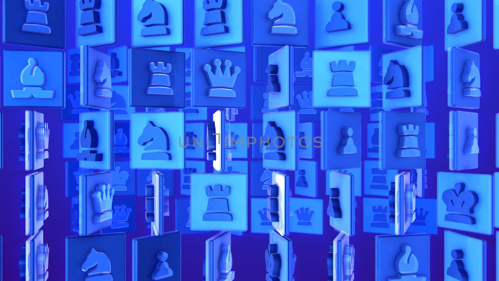 Amazing 3d illustration of chess multiscreen rotation symbols of pawns, horses, queens, and castles in the blue background. They look optimistic and fine