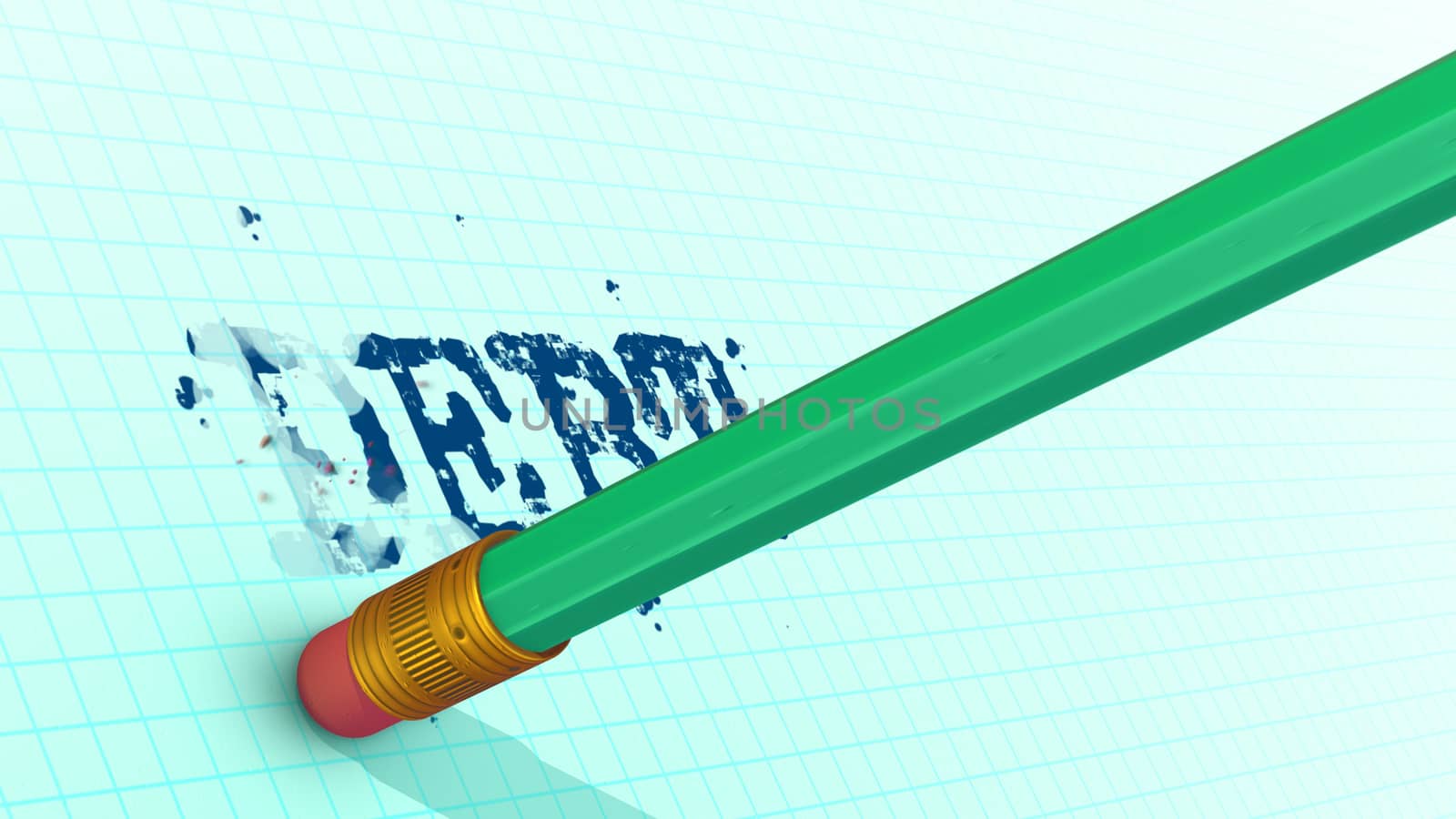 Optimistic 3d rendering of a hexagonal green pencil with a ferrule and eraser deleting debt word from a white sheet with a grid. It looks cheerful.