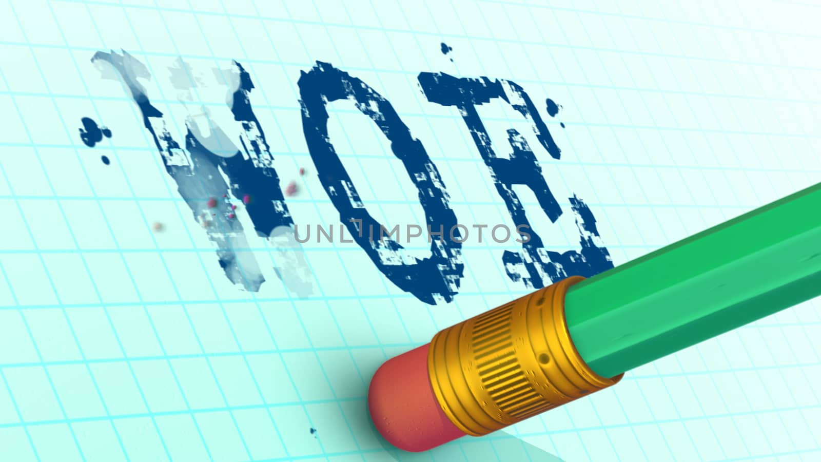 Hopeful 3d illustration of a modern green pencil with a ferrule and eraser removing woe word from a white sheet with a grid. It looks optimistic and inspiring