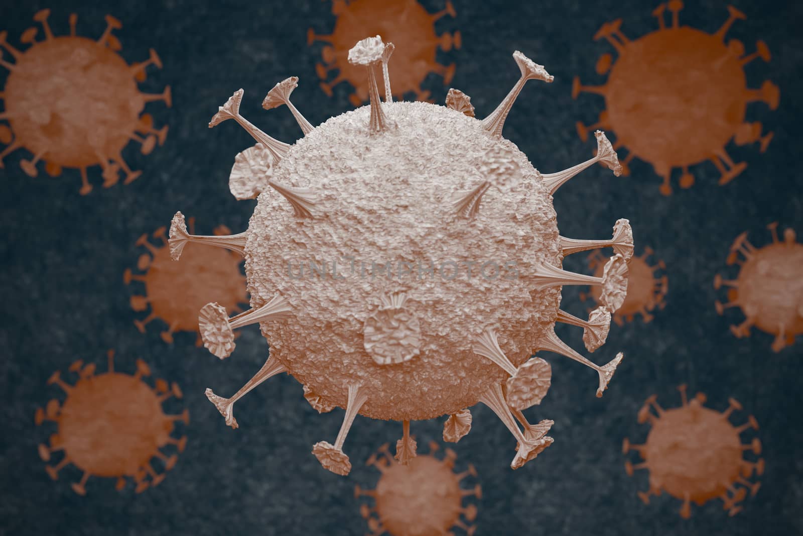 Coronavirus cells in human body. Respiratory virus in microscopic view. illustration of 3D render. Closeup and copy space. Concept of health care.