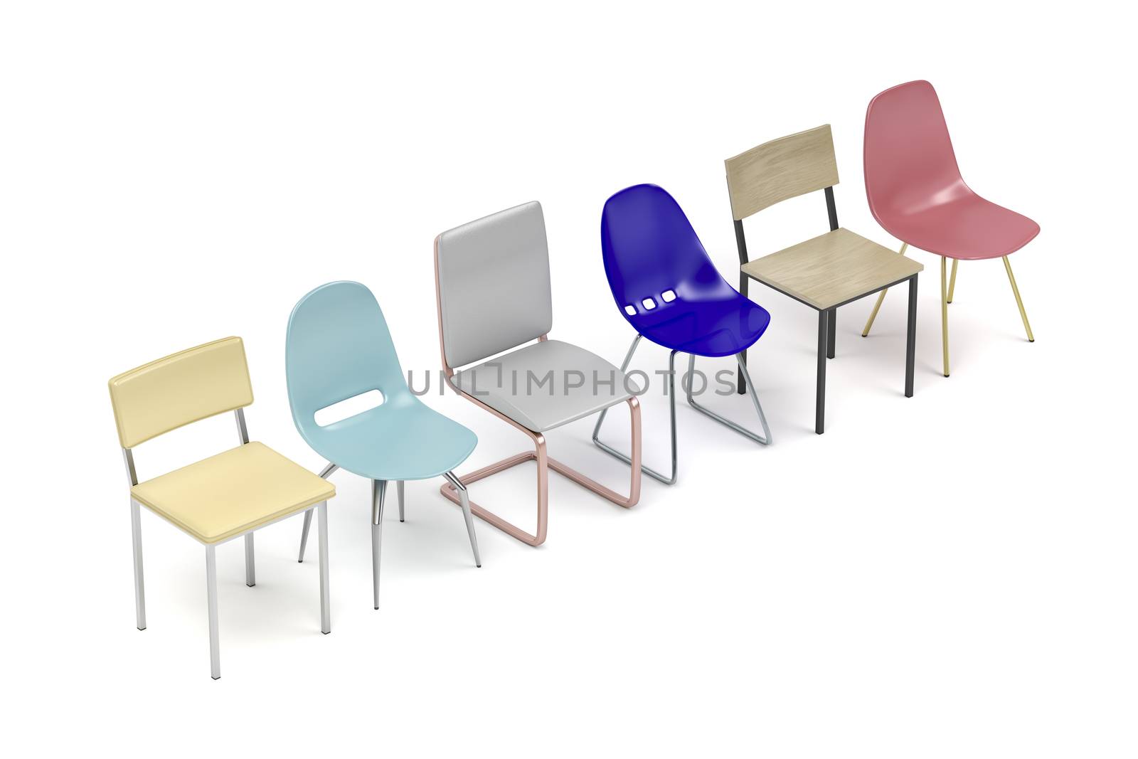 Row with different chairs on white background