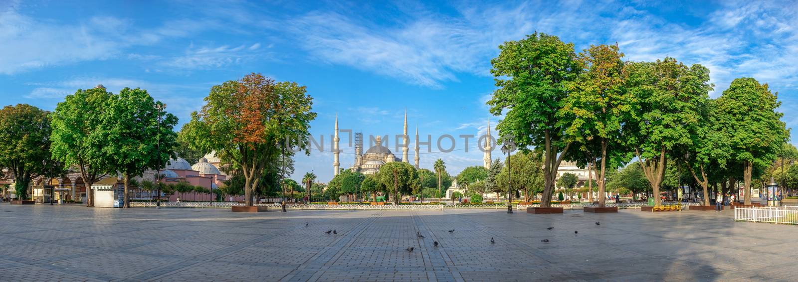 Istambul, Turkey – 07.13.2019. Many tourists walk around Sultan Ahmet Park on the site of a former Hippodrome in Istanbul, Turkey, on a sunny summer morning