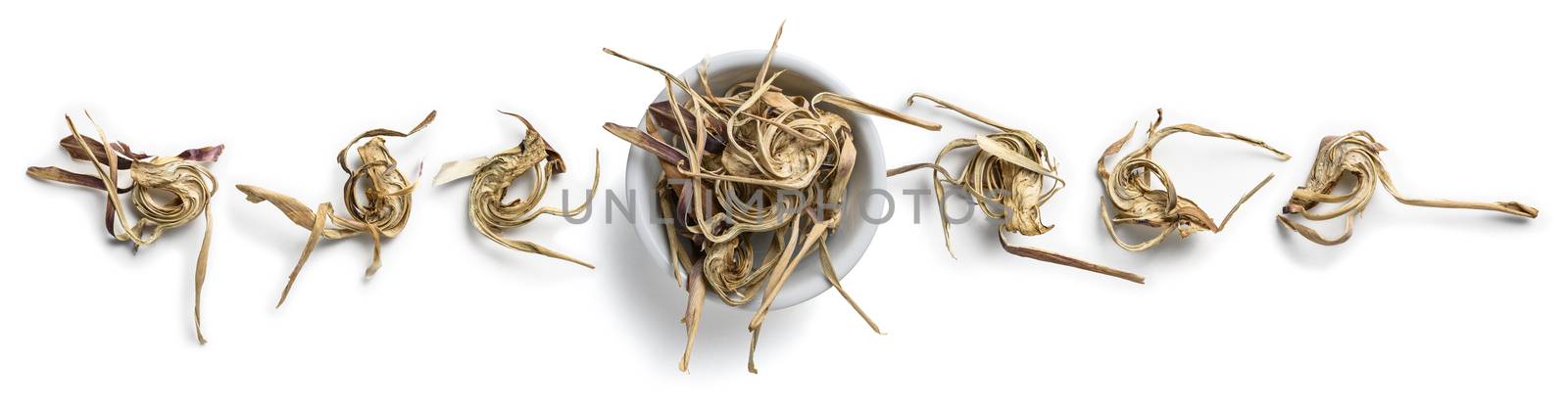 Dry artichoke flowers on a white background. The view from the top.