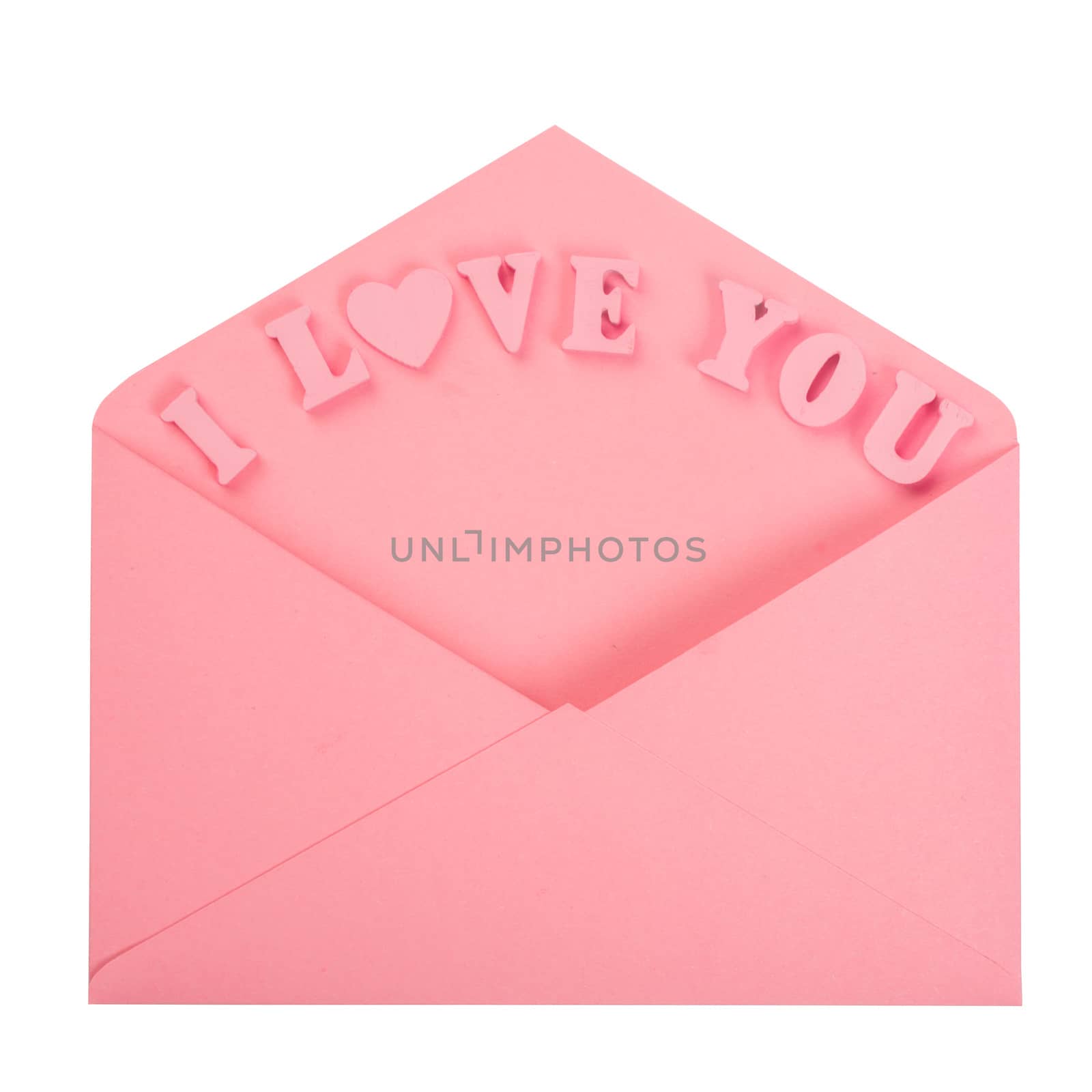 Pink love letter and wooden painted I love you letters isolated on white background