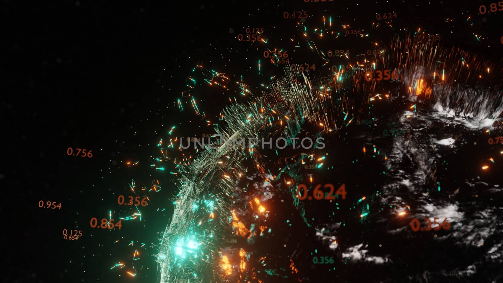 Abstract futuristic planet Earth surrounded by virtual elements. Dots, numbers and lines. Element of this image furnished by NASA. 3D rendering. Technology concept