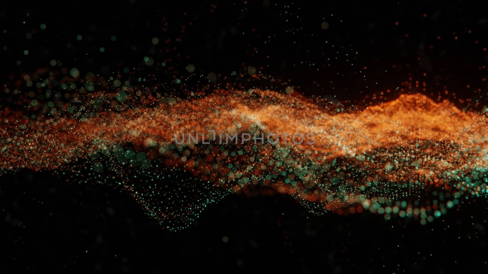 Plexus of abstract orange and green dots on a black background. Loop animations. 3D illustration