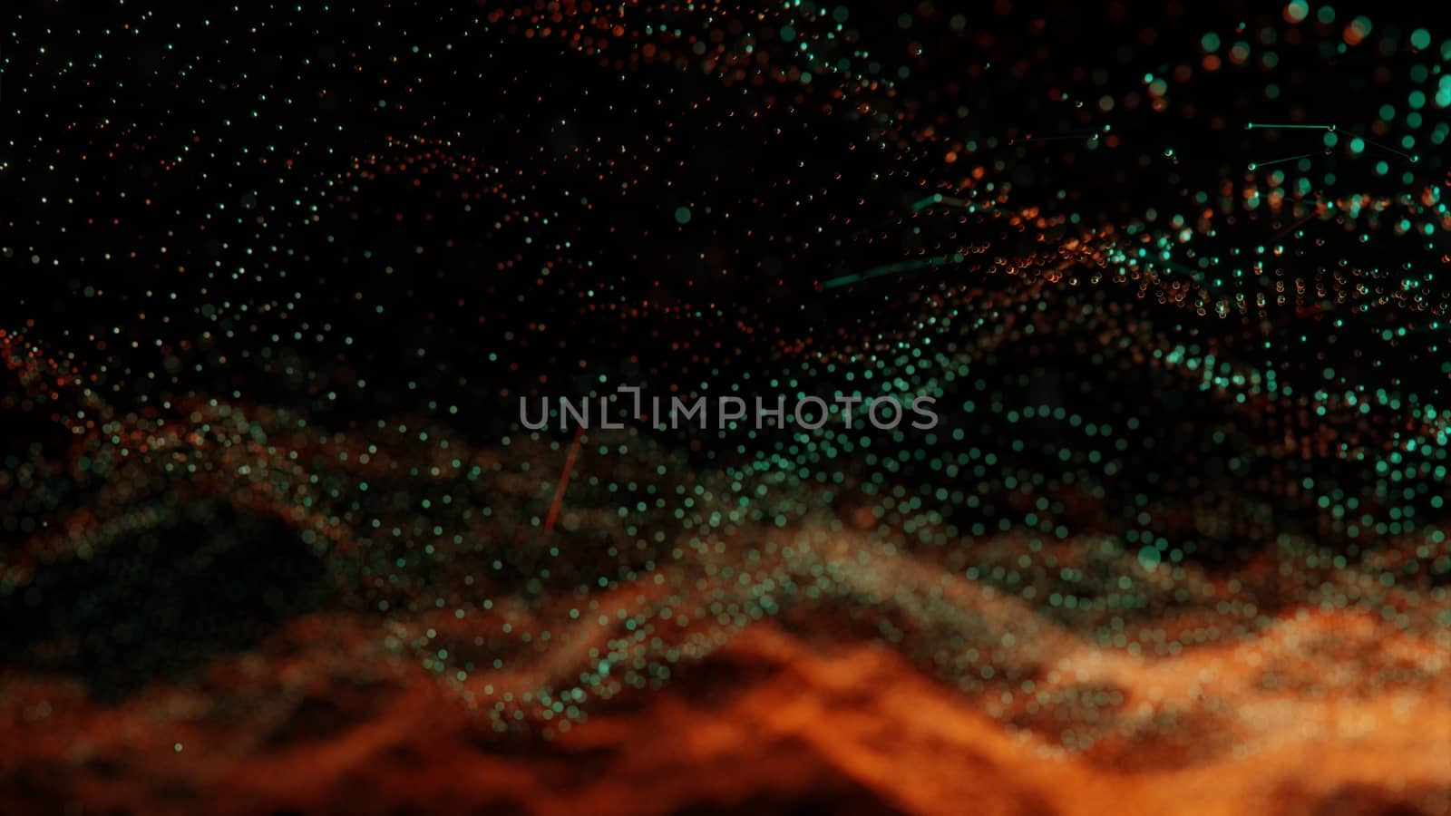 Plexus of abstract orange and green dots on a black background. Loop animations. 3D illustration