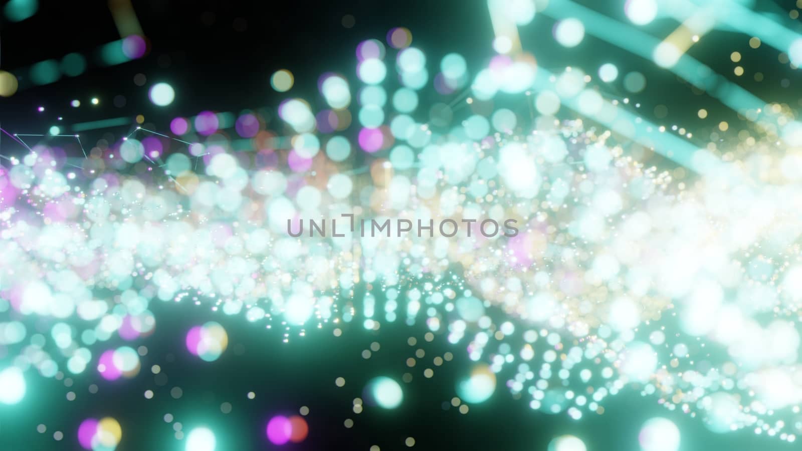 Plexus of abstract green dots on a black background. Loop animations. 3D illustration