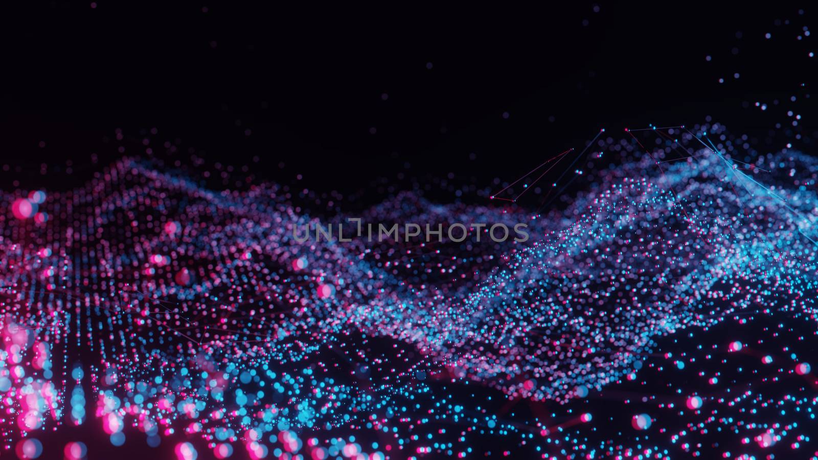 Plexus of abstract red and blue dots on a black background. Loop animations. 3D illustration