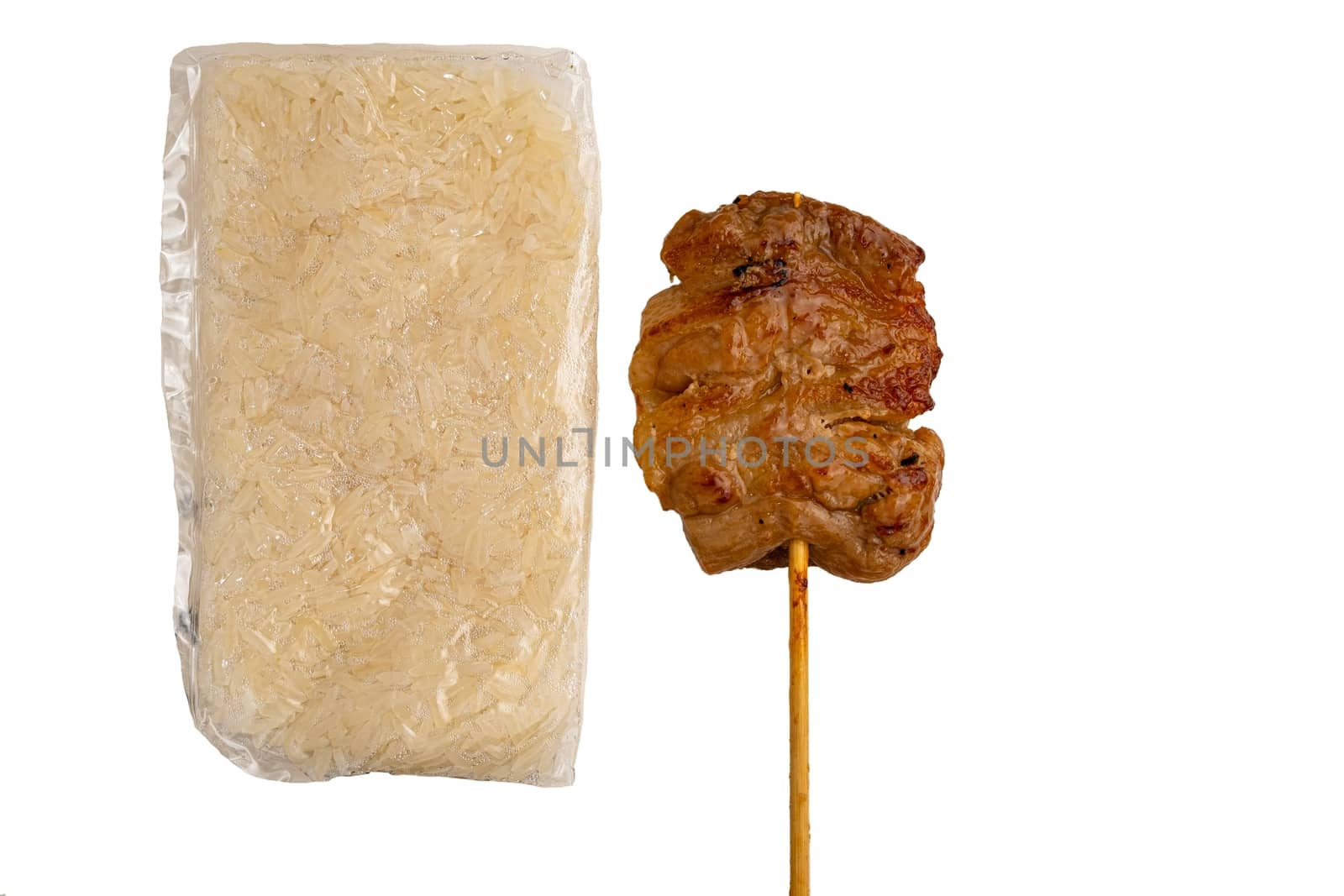 Grilled pork and glutinous rice of thai street fast food style isolated on white background