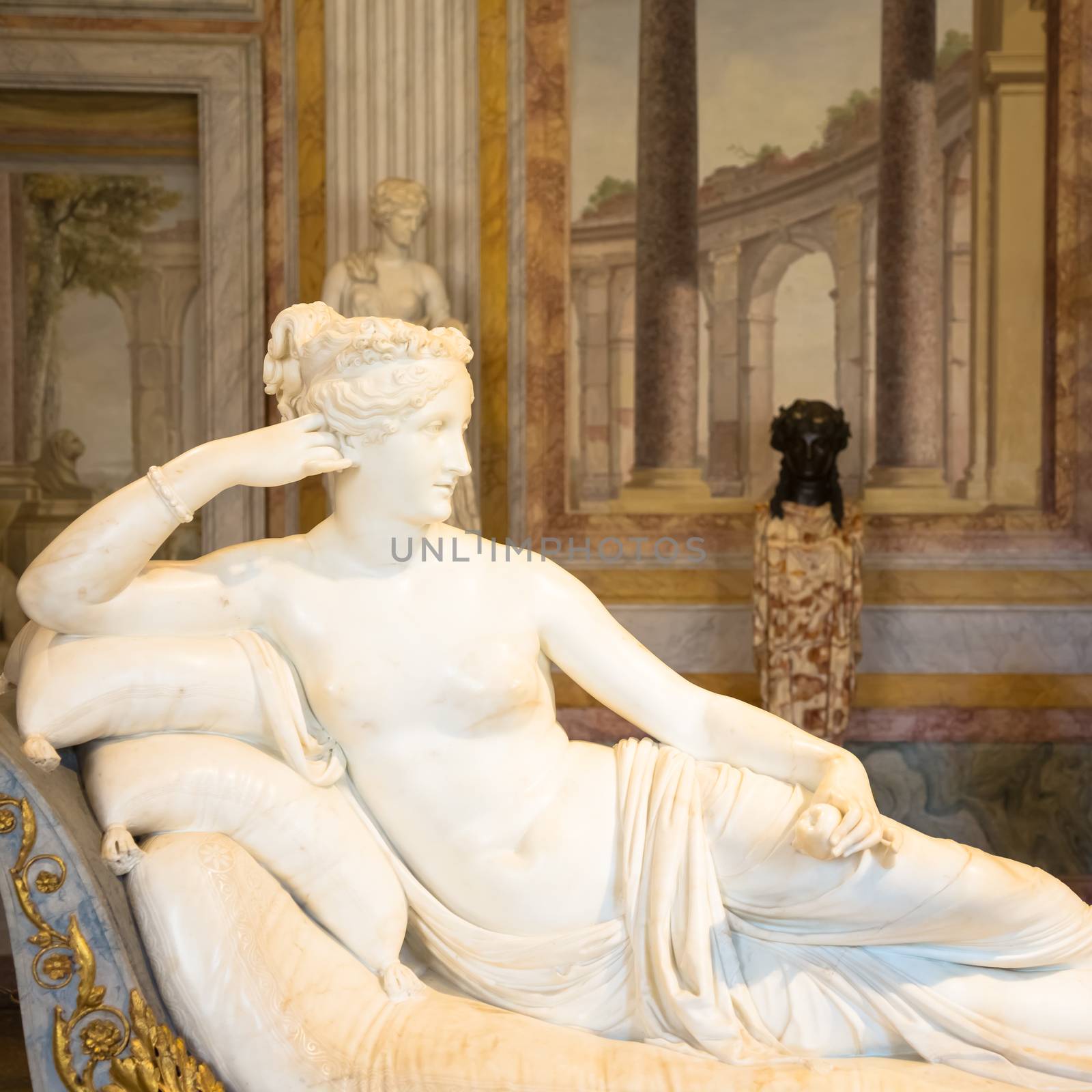 ROME, ITALY - AUGUST 24, 2018: detail of Antonio Canova's Statue of Pauline Bonaparte, his masterpiece located in Villa Borghese