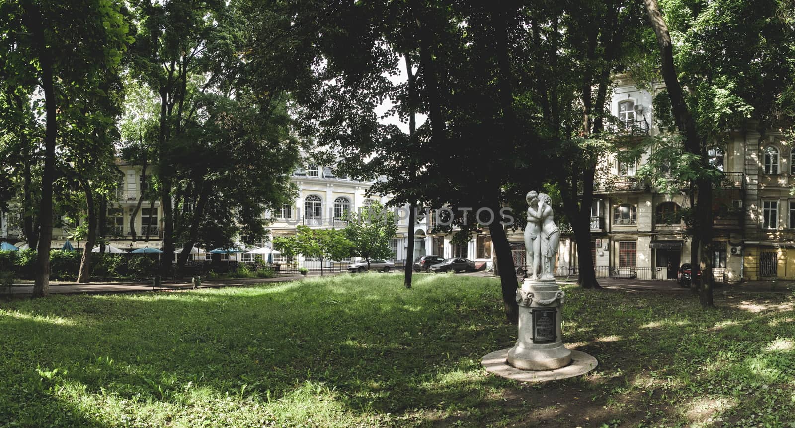 Odessa, Ukraine - 09.12.2018. Panoramic view in the Odessa City square Palais-Royal in a sunny summer morning