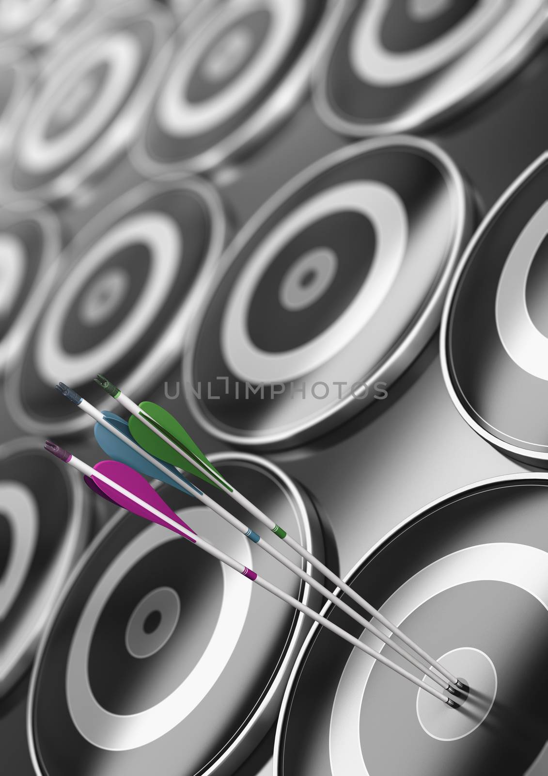 3D illustration of three arrows with different colors hitting center of a black target. Business or marketing concept
