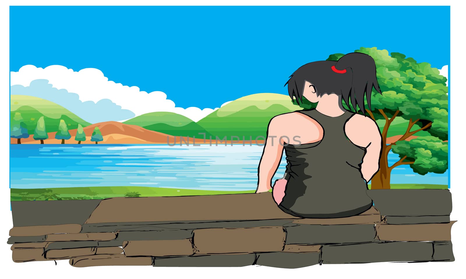 a sad cute lady sitting on river bank and waiting for her partner