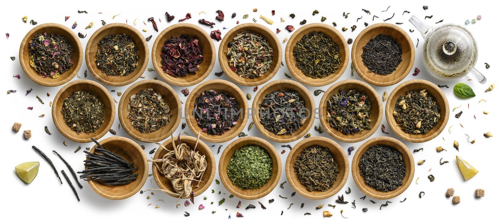 Large assortment of tea on a white background. The view from the top.