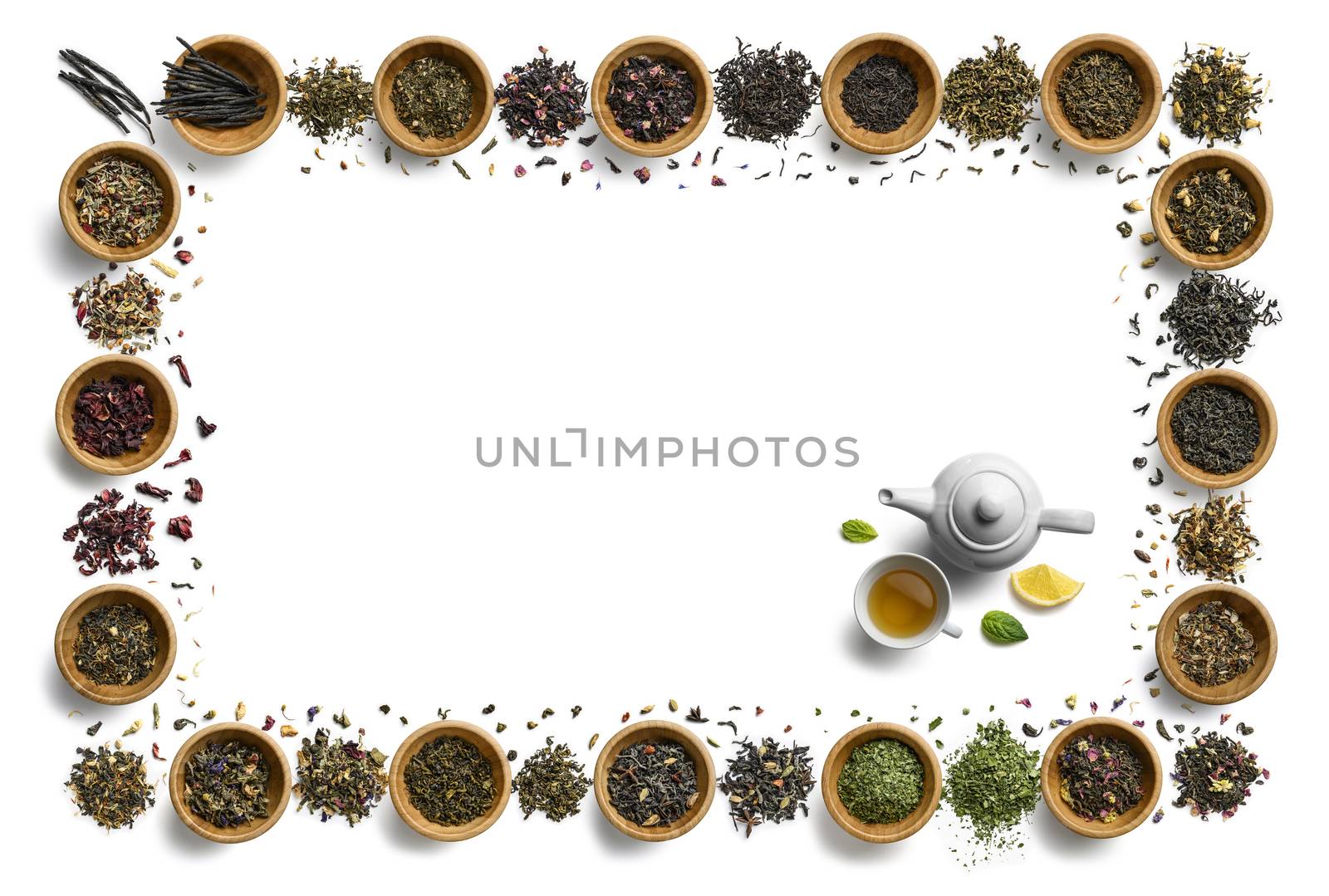 Large assortment of tea on a white background. The view from the top.
