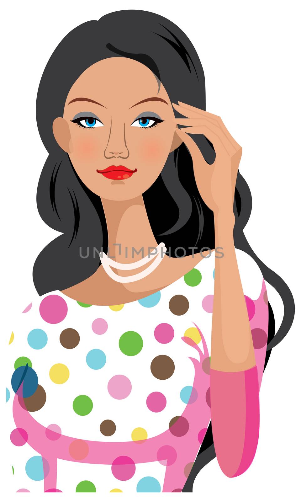 girl have a nice dress and necklace with black hairs